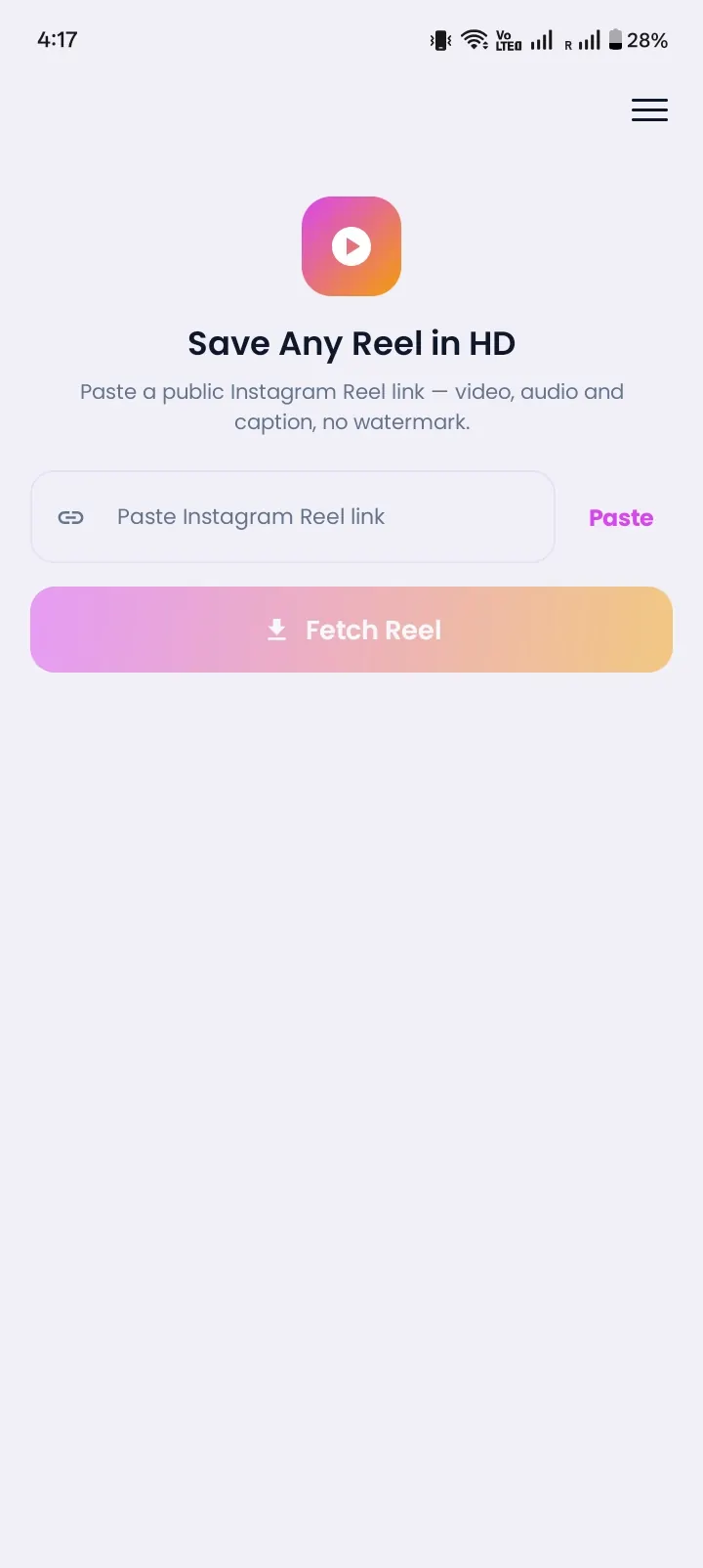 Instonic Instagram reels downloader screen on Android