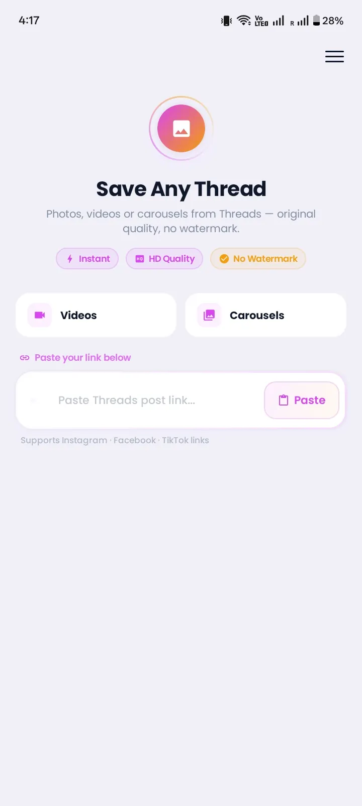 Instonic Threads video downloader screen on Android